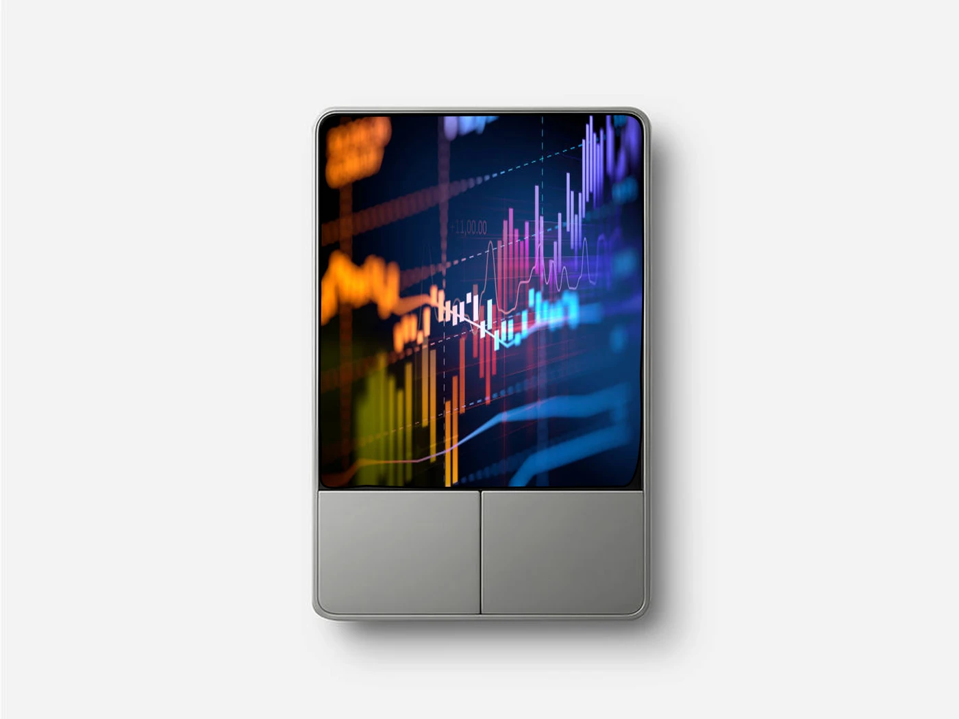 Trading device showing a colourful price chart